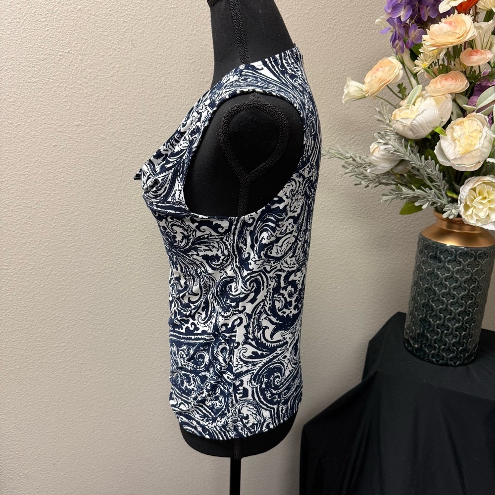 Chaps Navy White Paisley Cowl Neck Sleeveless Stretch Blouse Top M - Picture 2 of 7